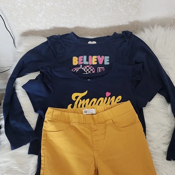 Big girls mustard pants and 2 navy blue Tops set - Picture 3 of 10